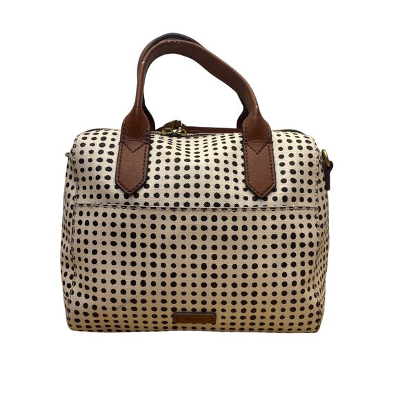 Fossil Handbags - Fossil Women’s White/Black Polka Dot With Brown Handles Duffel Satchel Tote